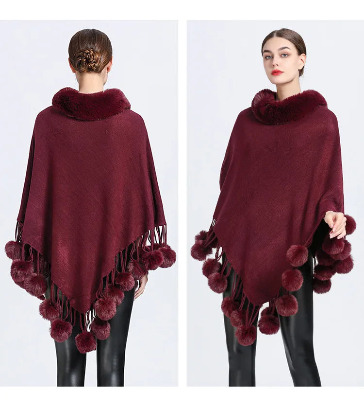 Poncho Scarf Fur Ball Decoration Shawl Faux Fur Collar Women's  Cape Fringed Asymmetric Cover Up Diamond Shawl