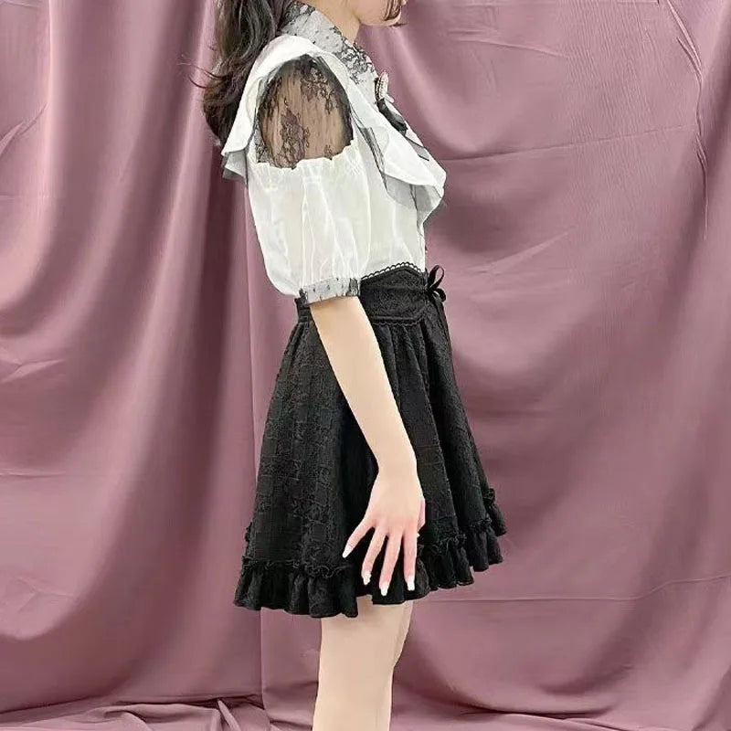 Gothic Lolita Blouses Women Sweet Bow Off Shoulder JK Shirt Japanese Girls Elegant Love Heart Lace Ruffles Blusas Mujer Tops