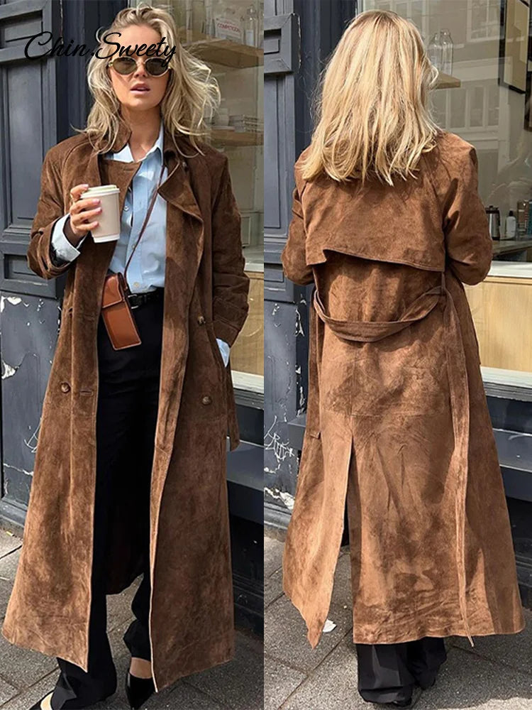 Elegant Suede Long Trench Coat Women Belt Double Breasted Full Sleeve Brown Windbreaker 2024 Autumn Lady Street Outwears New