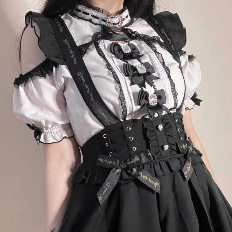 Gothic Lolita Blouses Women Sweet Bow Off Shoulder JK Shirt Japanese Girls Elegant Love Heart Lace Ruffles Blusas Mujer Tops