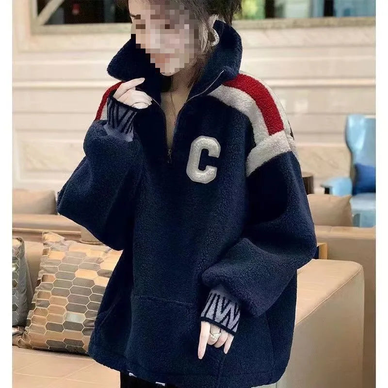 Imitation Lamb Plush Women's Sportswear Sweatshirts Autumn Winter Warm Top Sweater Pullover Retro Fashion Loose Sweater Coat