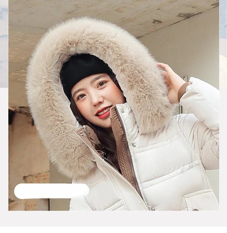 2024 Winter New Down Cotton Parkas Jacket Women's X-Long Faux Fur Collar Padded Jacket Thick Loose Large Size Padded Jacket