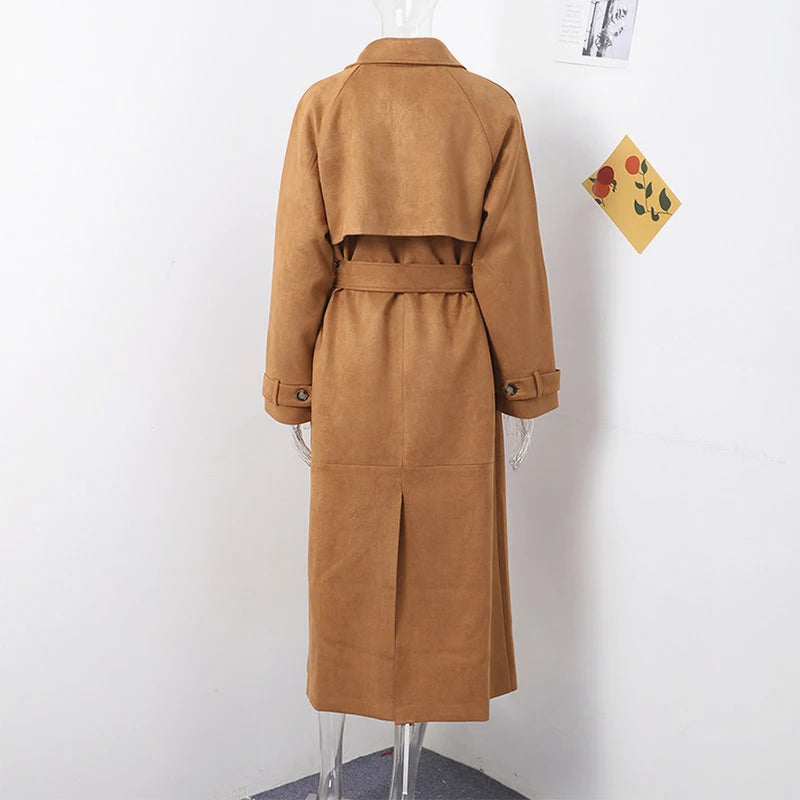 Elegant Suede Long Trench Coat Women Belt Double Breasted Full Sleeve Brown Windbreaker 2024 Autumn Lady Street Outwears New