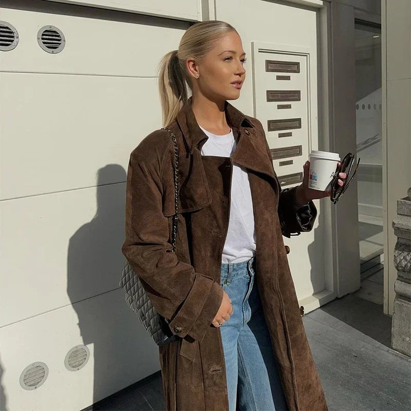 Elegant Suede Long Trench Coat Women Belt Double Breasted Full Sleeve Brown Windbreaker 2024 Autumn Lady Street Outwears New