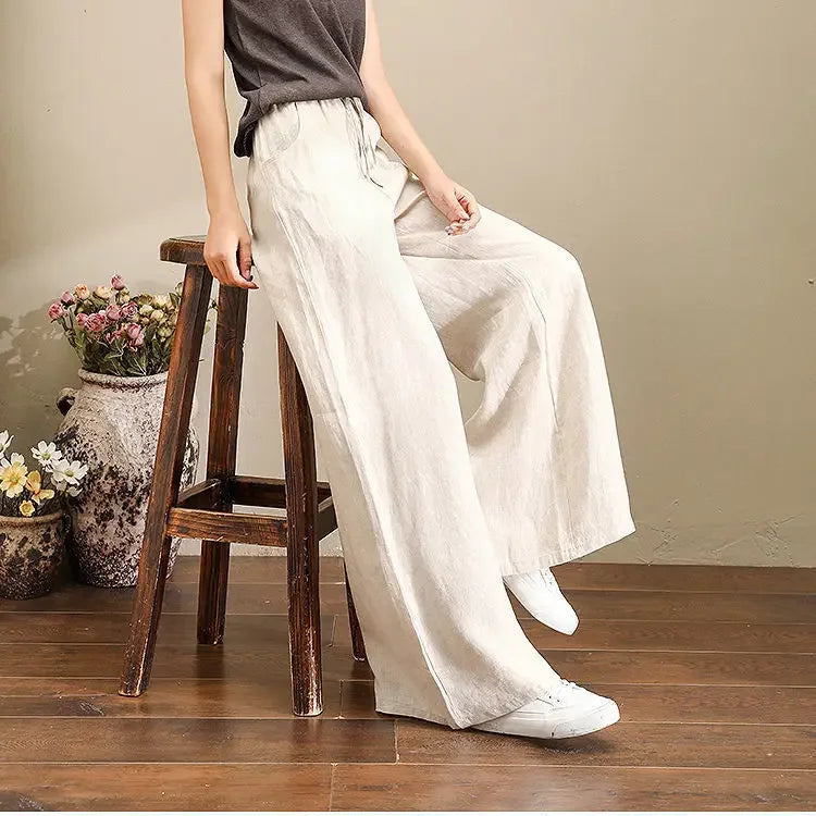 Wide Leg Pure Color Linen Pants For Women High Waist Drawstring Loose Fit Cotton Linen Trousers Plus Size White Long Pants