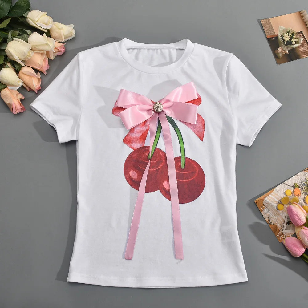 Joskaa Fashion Print Bow Decorate White T-Shirts Women Hipster O-Neck Short Sleeve Slim Tops 2024 Summer Graphic Tees Streetwear