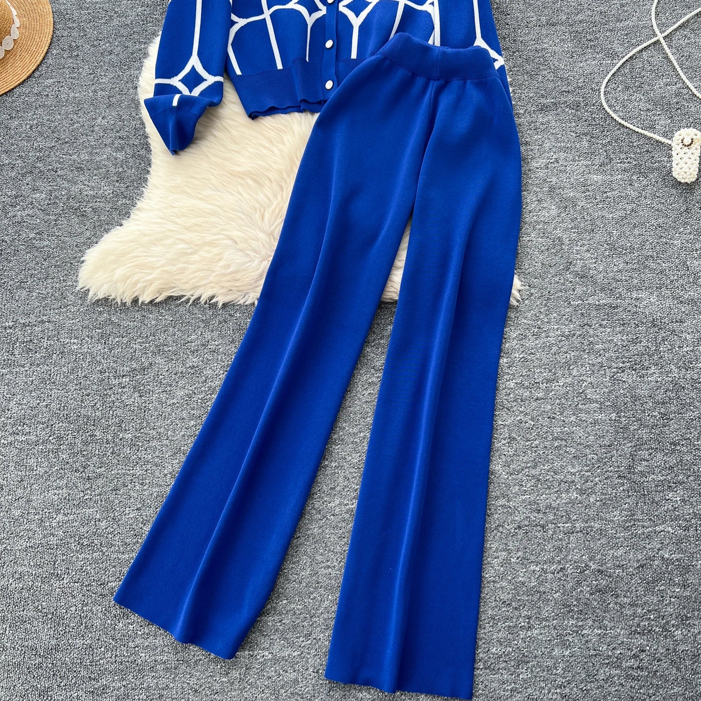 Knitted Two Piece Sets Women Autumn Winter Vintage Long Sleeved Printed Knitted Cardigan Sweater Wide Leg Pants Tracksuits