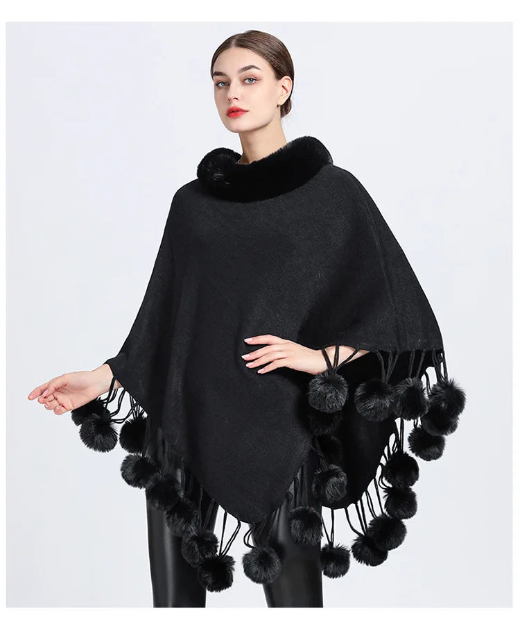 Poncho Scarf Fur Ball Decoration Shawl Faux Fur Collar Women's  Cape Fringed Asymmetric Cover Up Diamond Shawl