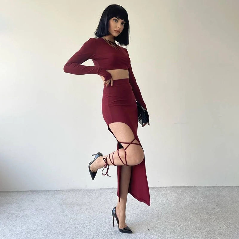 Pullover Long Sleeve Simple Crop Top Elastic Waist Halter High Split Legless Sexy Tie Solid Colour Half Skirt Set