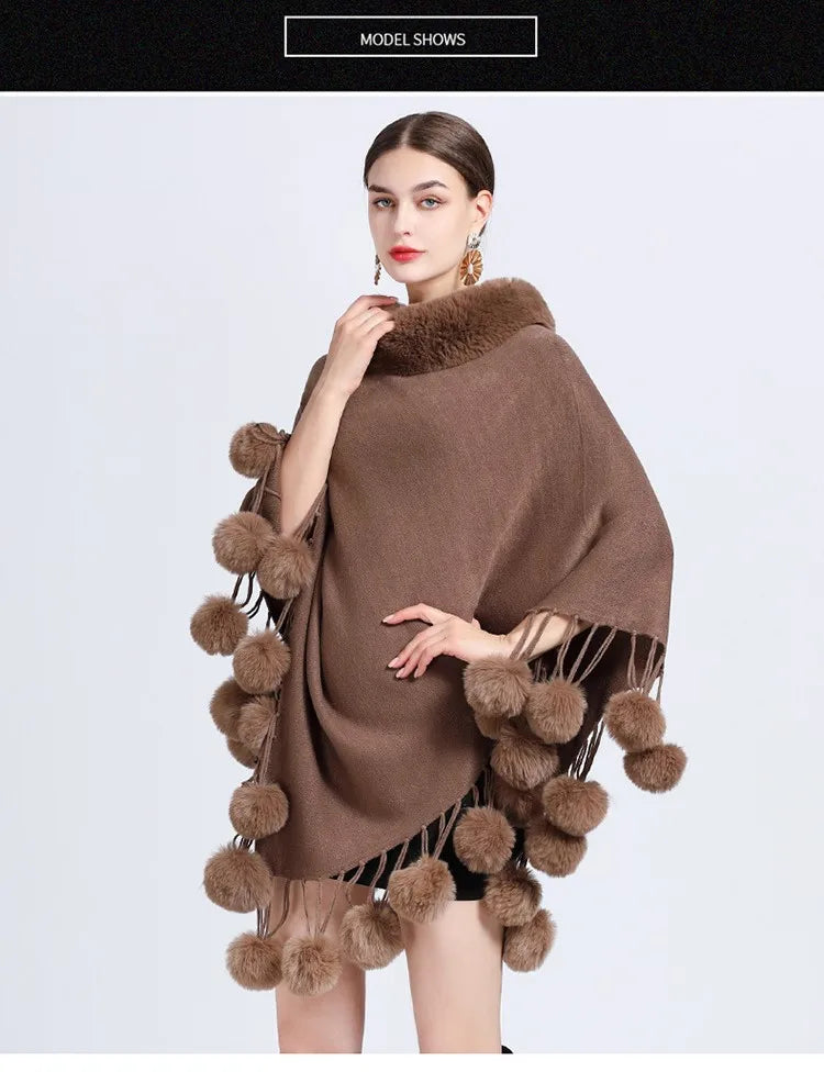 Poncho Scarf Fur Ball Decoration Shawl Faux Fur Collar Women's  Cape Fringed Asymmetric Cover Up Diamond Shawl