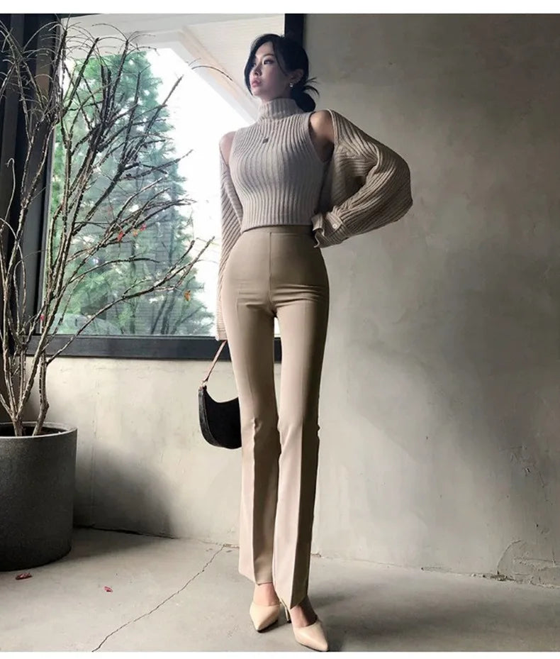 Korea Style Sexy High Waist black Flare Pants Office Lady Slim fit Fashion Women Pants Casual Trousers