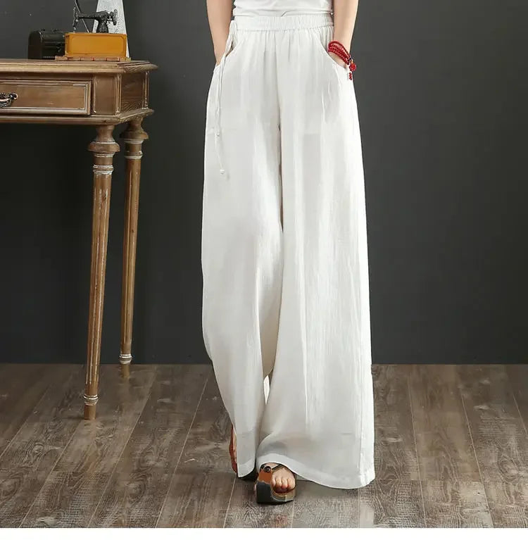 Wide Leg Pure Color Linen Pants For Women High Waist Drawstring Loose Fit Cotton Linen Trousers Plus Size White Long Pants