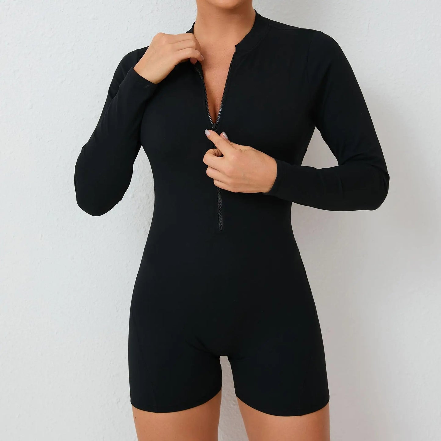 New Pad Zipper Long Sleeve Yoga Set Women One Piece Jumpsuit Gym Workout Shorts Fitness Stretch Bodysuit Sports Athletic Suit