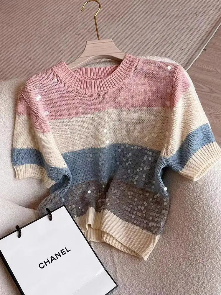 Round Neck Heavy Industry Sequin Short Sleeve Striped T-Shirt Women's Summer 2024 New Knitwear Slim Fit Versatile Top