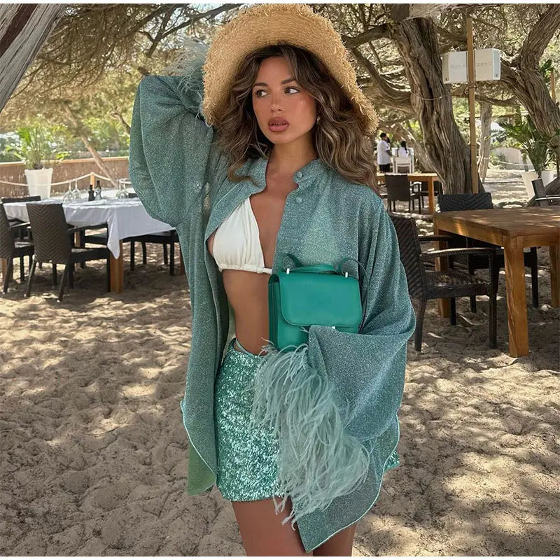 Women Fashion Solid Shiny Feather Patchwork Shirt Chic Stand Collar Single-breasted Loose Tops 2024 Lady Beach Vacation Vestidos