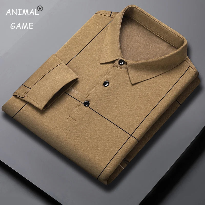 Men Polo Shirt Autumn Tshirt Long Sleeve Casual Male Fit Slim Turn-down Button Shirts Business Cotton Streetwear