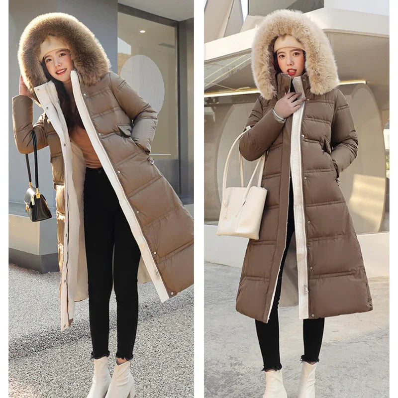 2024 Winter New Down Cotton Parkas Jacket Women's X-Long Faux Fur Collar Padded Jacket Thick Loose Large Size Padded Jacket